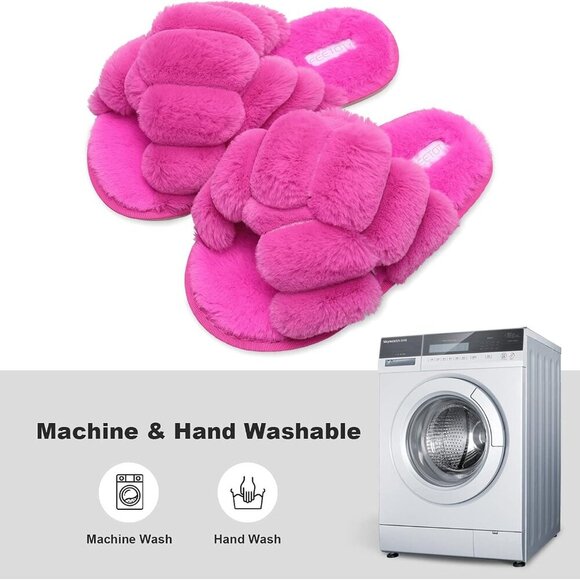 Women's Faux Fur Open Toe Slippers Cozy Fluffy House Slides for All Season - Picture 6 of 6